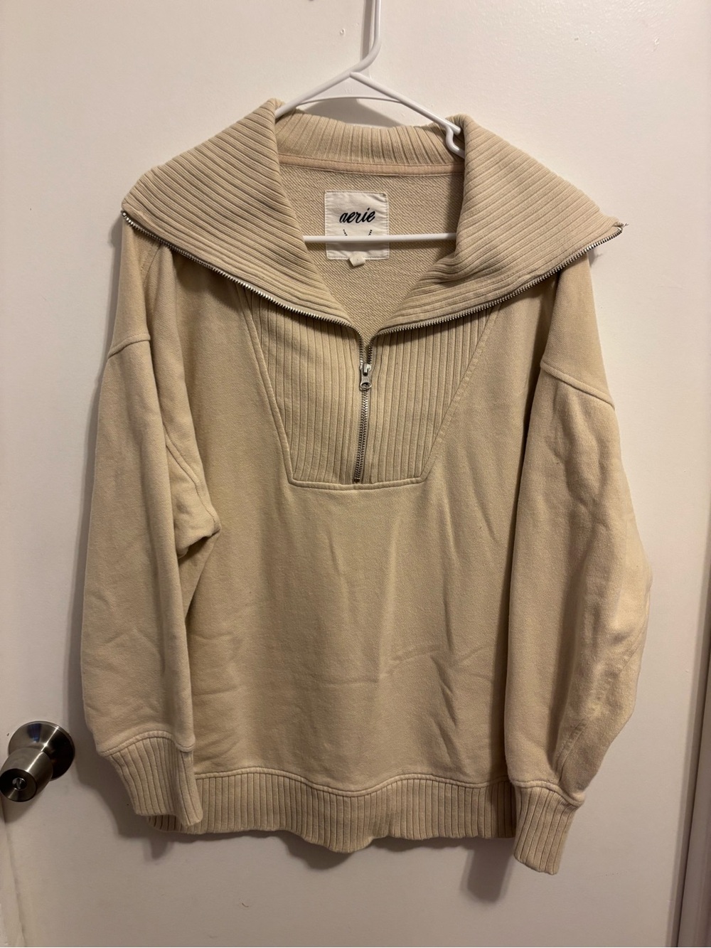 Aerie Men’s Cream Half-Zip Rib Funnel Neck Top